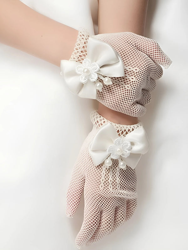 1 Pair Children Lace Hollow Bow Princess Gloves