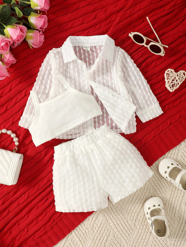 Baby Girl Solid Cami Top & Shorts & Button Up Shirt