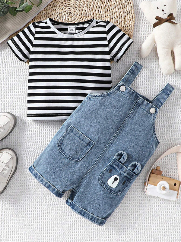 Baby Boy Striped Round Neck Short Sleeve Top And Water-Washed Denim Overalls With Pockets Set