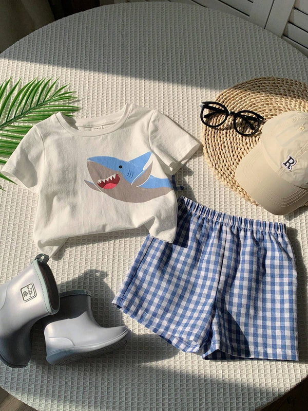 Baby Boy Cartoon Whale Pattern Round Neck Short Sleeve T-Shirt & Plaid Shorts