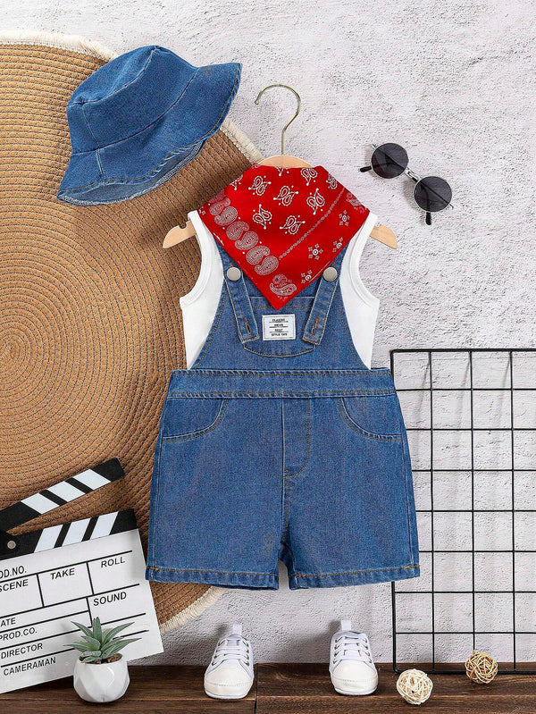 Baby Boy 4pcs/Set Light Wash Denim Overalls Shorts And Tank Top, Denim Hat And Red Bandana Set