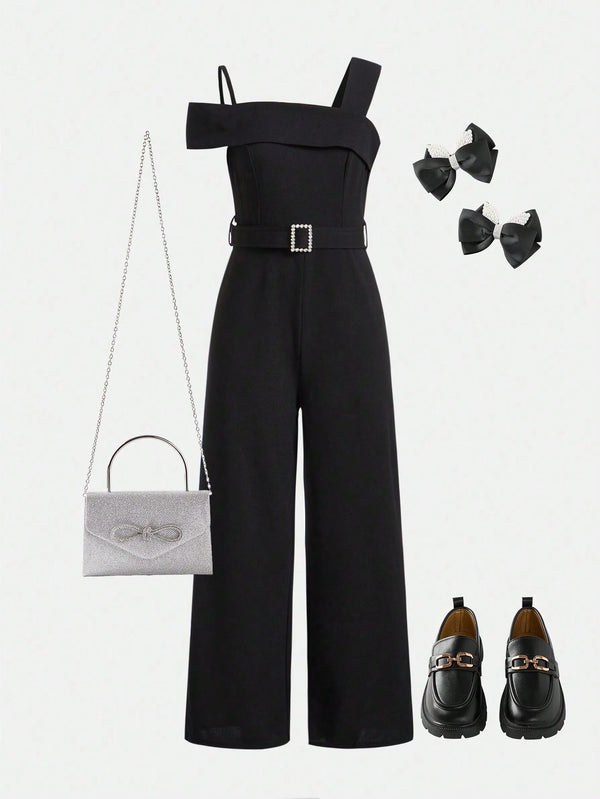 Tween Girl Daily Casual Woven Solid Color Strap Jumpsuit