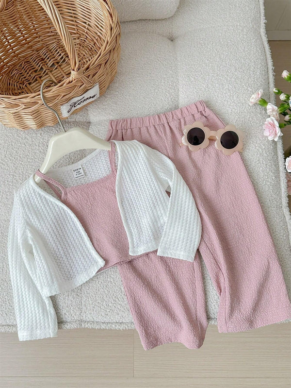 3pcs Baby Girl Cute Knitted Long Sleeve Jacket Solid Color Tank Top Long Pant