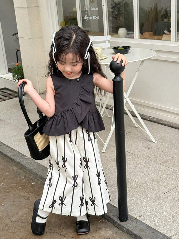 Young Girl Fashionable Sleeveless Ruffled Top And Wide Leg Pants Set
