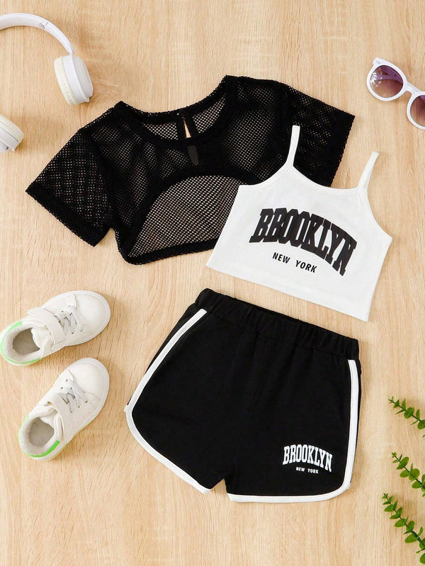 3pcs Baby Girls' Set, Including Cute Daily Wear Pink Printed Hollow Out Mesh Fabric Top And Shorts
