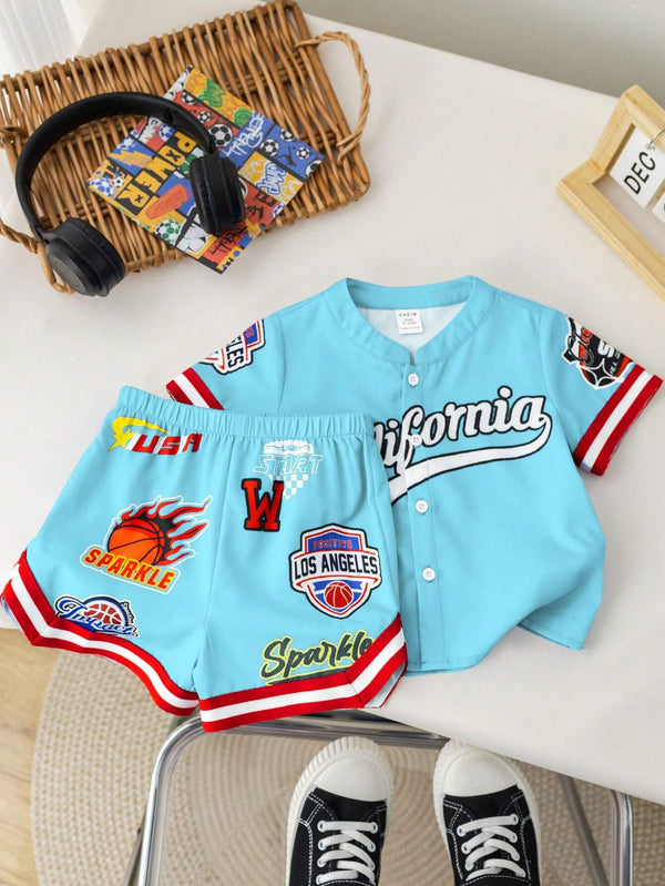 2pcs Baby Boy Contrast Color Letter Print Short Sleeve Cardigan Top & Shorts