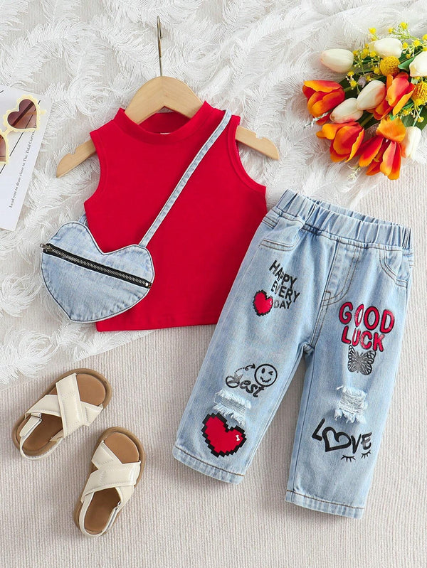 Baby Girl Casual Solid Color Collar Vest & Slogan Heart Printed Ripped Jeans Set