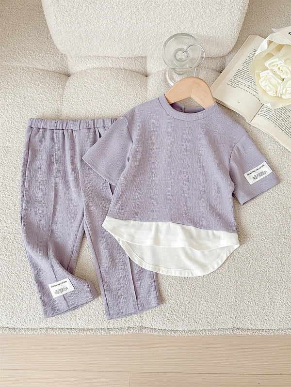 Baby Girl Cute Color Block Knit 2 In 1 Mid-Length Sleeve Top And Elastic Waist Long Pants