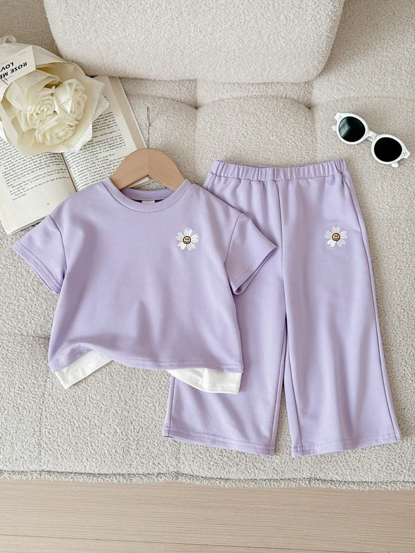 Baby Girl Floral Print 2 In 1 Short Sleeve T-Shirt And Elastic Waist Pants