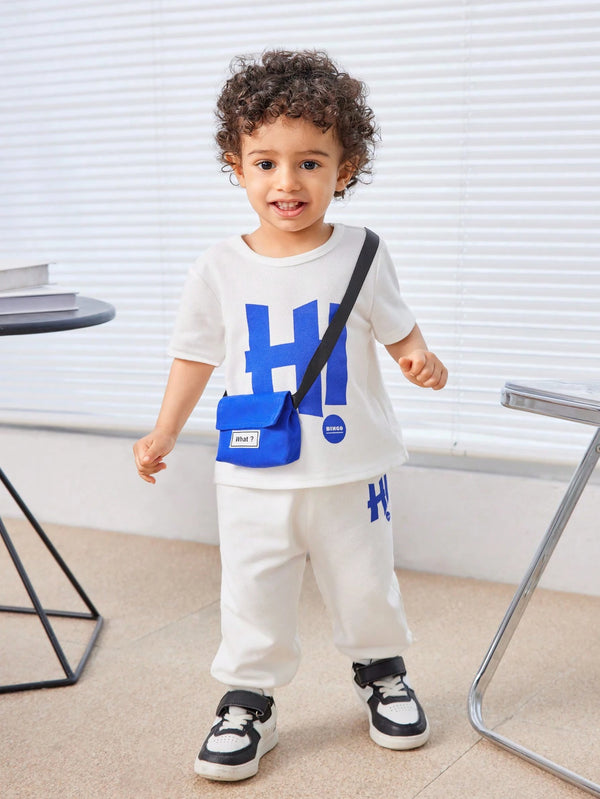 Baby Boy Baby Girl 3pcs Set: Casual Daily Korean Style Loose Fit Letter Print Short Sleeve T-Shirt And Wide Leg Pants