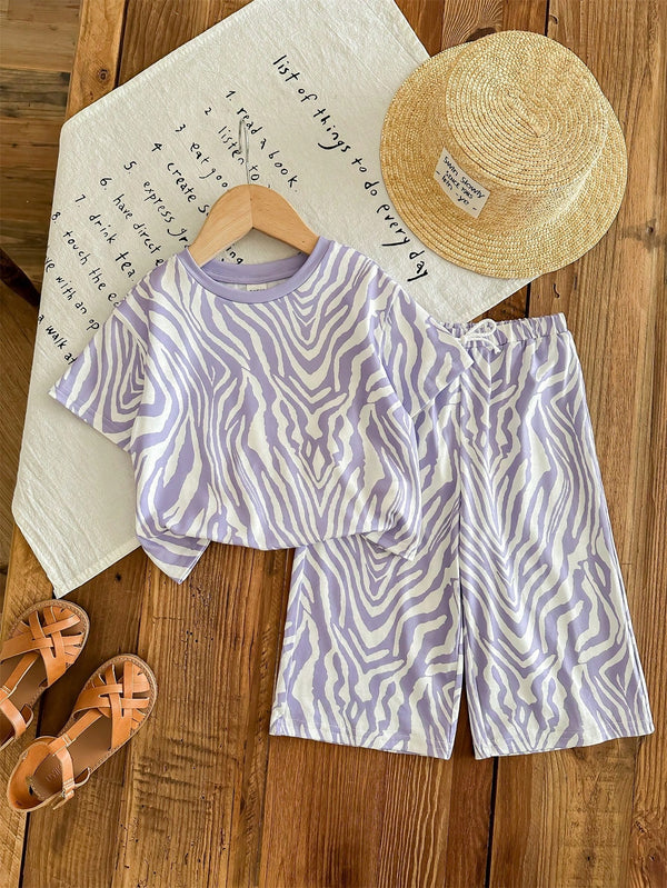 Baby Girls Cute Knit Purple Zebra Stripe Short Sleeve T-Shirt & Elastic Waist Pants