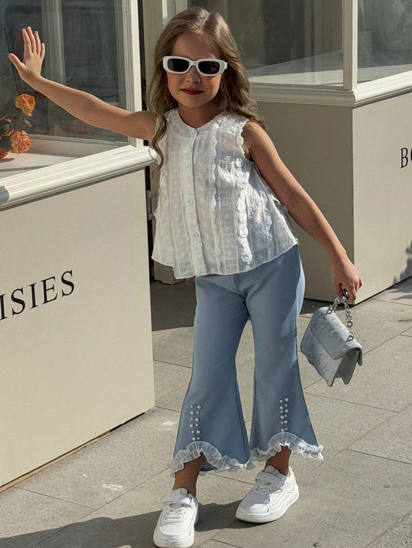 Young Girls Daily Casual White Sleeveless Knitted Top + Blue Long Pants