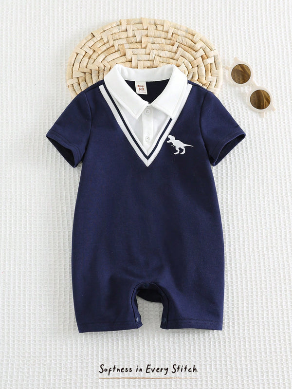 Baby Boy Cartoon Dinosaur Pattern Knitted Soft Contrast Color Lapel Short Sleeve Romper
