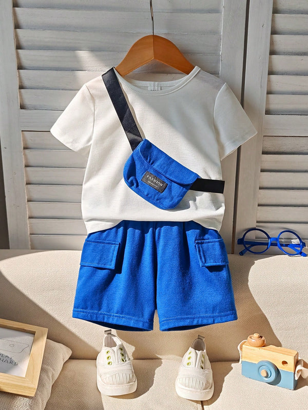 3Pcs Set: White T-Shirt, Blue Cargo Shorts, And Messenger Bag
