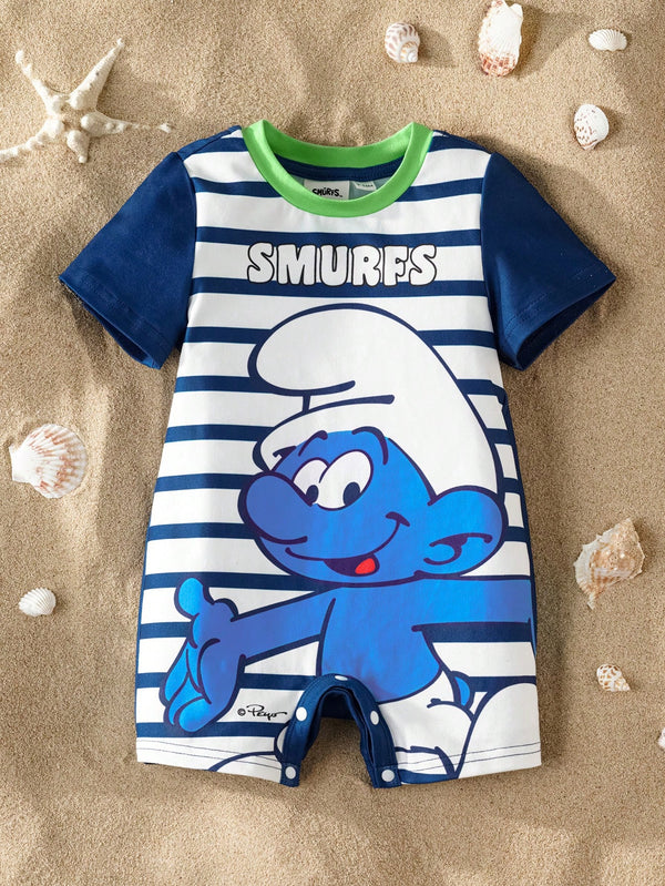Baby Boy Cute Cartoon Sport Casual Blue Striped Contrast Color Rompers