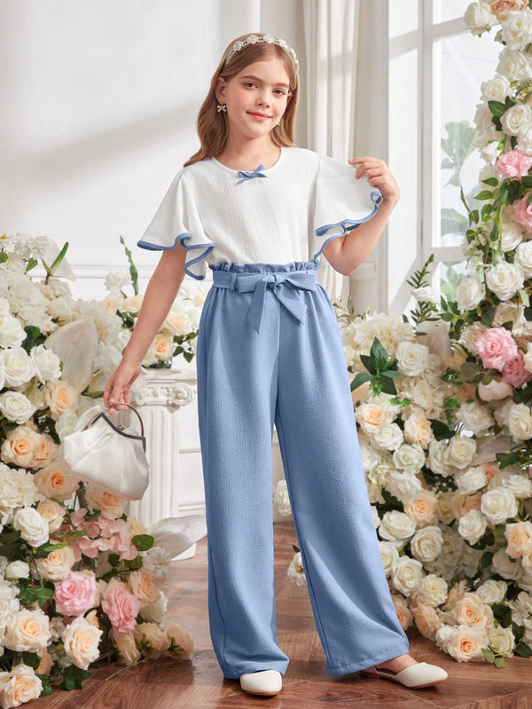 Tween Girl Lace Patchwork Puff Sleeve Bow Textured Bubble Fabric Straight Pants