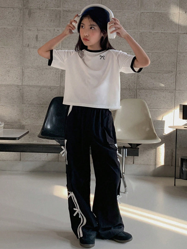 Tween Girls Bow Print Raglan Short Sleeve Top And Pants