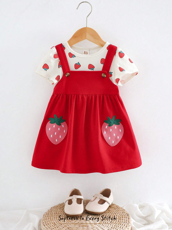 Baby Girl Strawberry Pattern Knit Soft Round Neck Short Sleeve Pullover Top And Strap Overall Dress