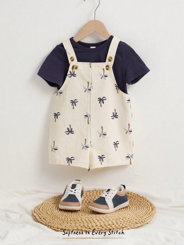 Baby Boy Solid Color Knitted Soft Round Neck Short Sleeve Top And Palm Tree Printed Bib Shorts