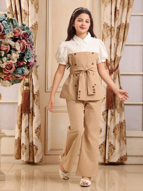 Tween Girl Elegant Color Block Puff Sleeve Shirt And Long Pants