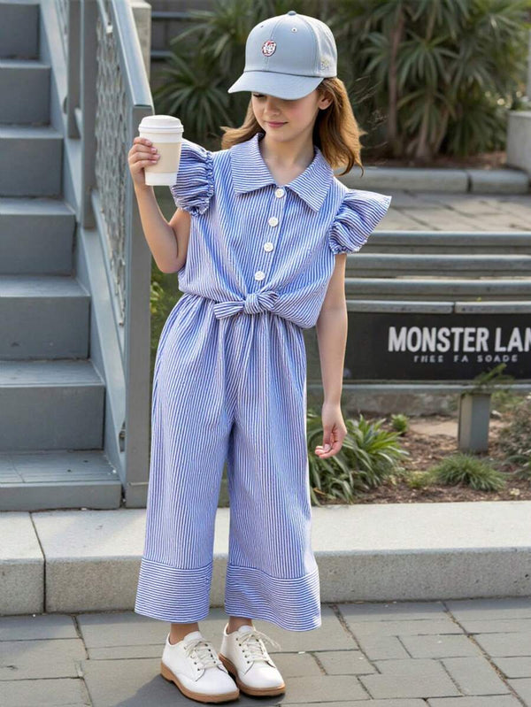2pcs Young Girl Striped Cap Sleeve Button-Up Shirt And Pants Set