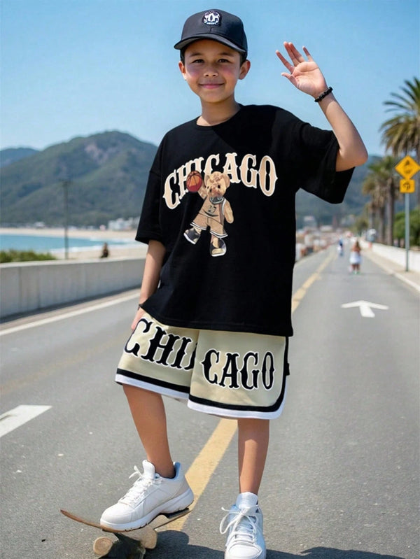 Tween Boy Summer Casual Loose Streetwear Short Sleeve Top And Shorts Set