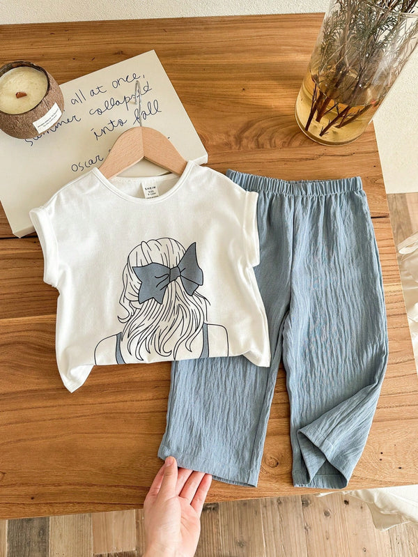 Babygirl Cute Graphic Short Sleeve T-Shirt With Elastic Waist Pants Set