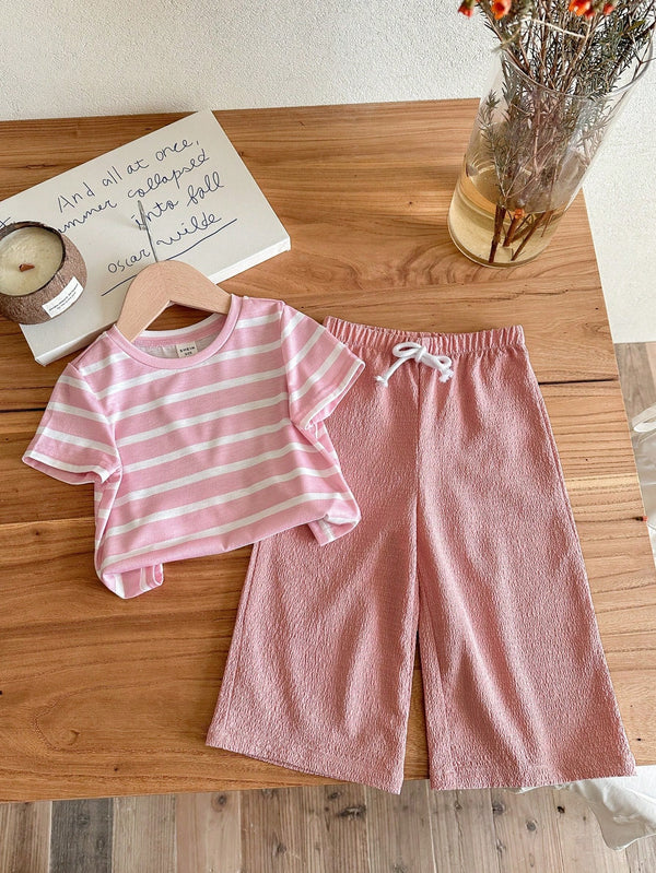 Baby Girl Adorable Knitted Pink Striped Short Sleeve Top And Elastic Waist Pants
