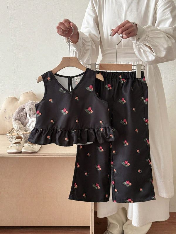 Young Girl Floral Woven V-Neck Sleeveless Ruffle Hem Blouse Top And Loose Casual Woven Wide-Leg Floral Long Pants