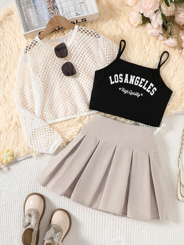 Girls Fashion Casual Sports Set: Mesh Jacket & Printed Camisole & Mini Skirt