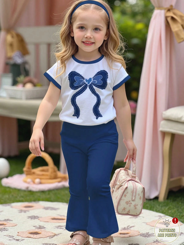 Young Girl Casual Cartoon Pattern Crew Neck Short Sleeve Top & Flare Pants