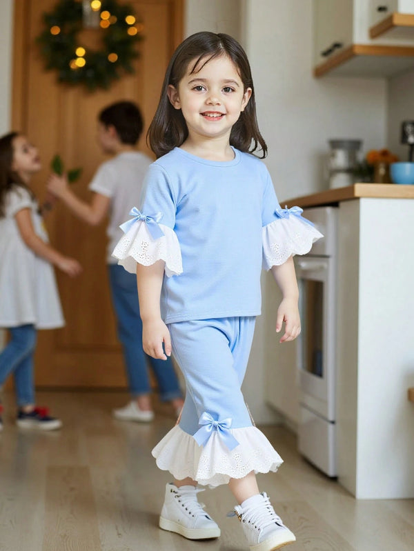 Includes Round Neck Butterfly Decor Flare Sleeve Blouse And Flare Hem Pants