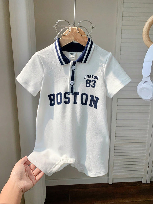 Baby Boy Cute Summer Casual Knit Letter Pattern Color Block Romper