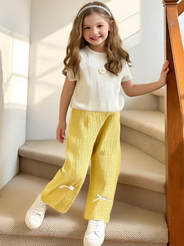 Tween Girl Casual Cute Floral Textured Fabric Short Sleeve T-Shirt & Bow Decor Long Pants