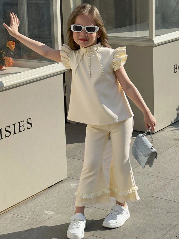 Young Girls Vacation Sleeveless Ruffle Beaded Top + Wide Leg Pants