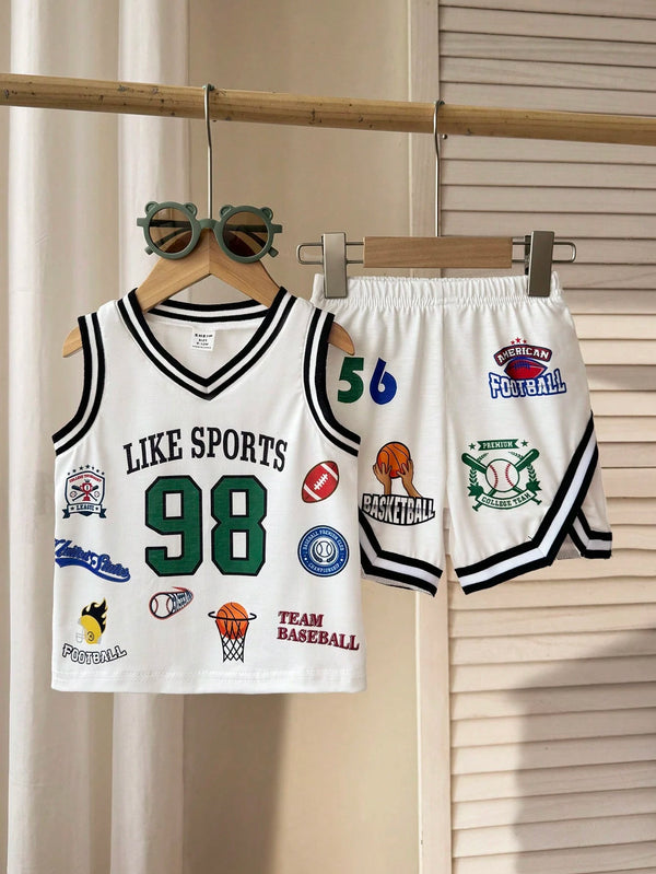 Toddler Boys Casual Sports Minimalist Versatile Letter & Numeral Print V-Neck Sleeveless Top & Shorts Set