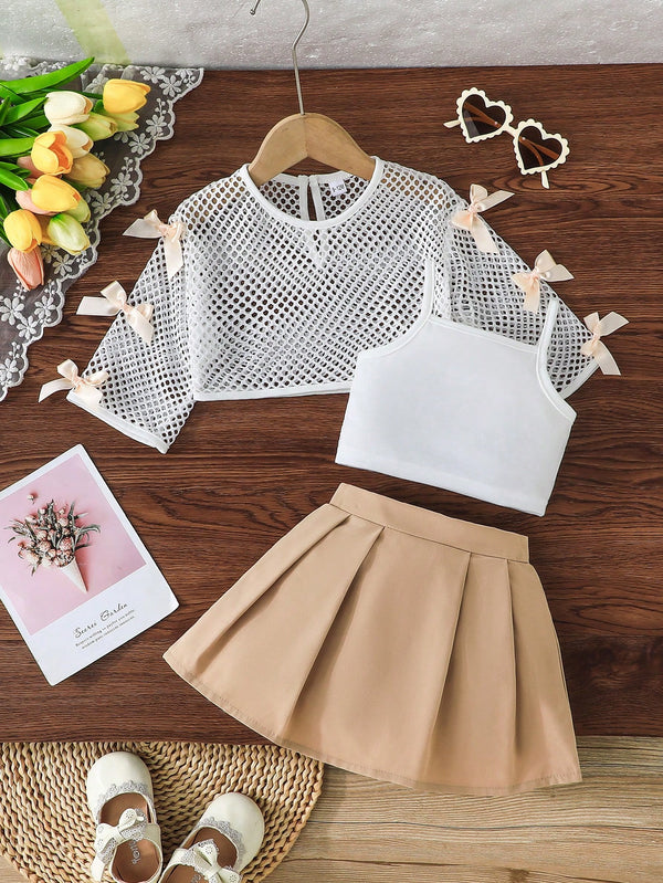 Baby Girl Apparel: Bow Mesh Top, Camisole And Pleated Mini Skirt
