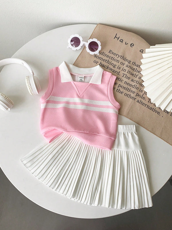 New Tennis Sports Elegant Sleeveless Polo Collar Knit Top And Pleated Skirt