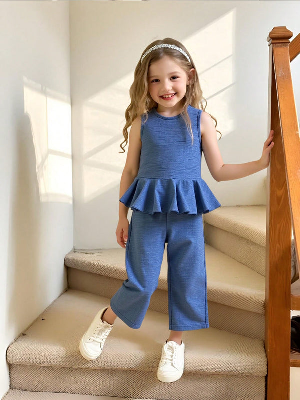 2pcs Young Girl Beach Vacation Set: Sleeveless Ruffle Hem Blouse + Wide Leg Pants
