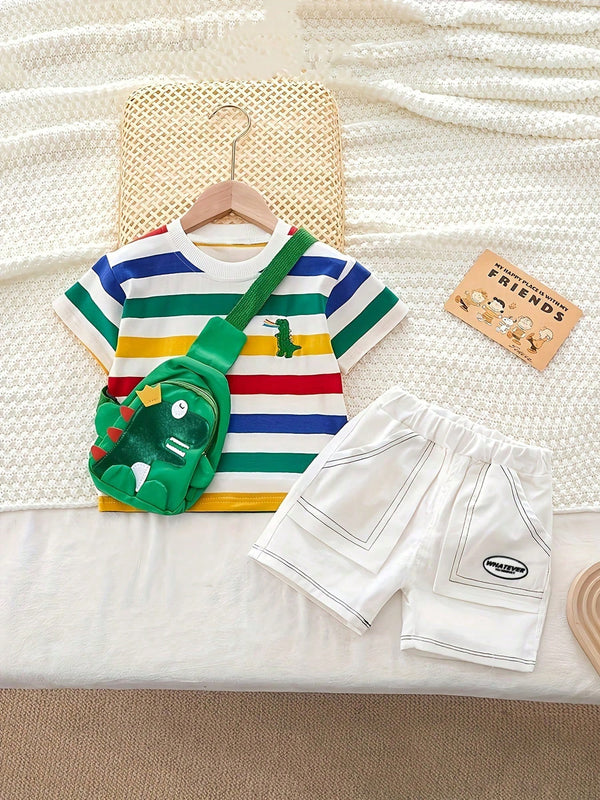 Embroidery Dinosaur Pattern Stripe Short Sleeve Top And Shorts Set