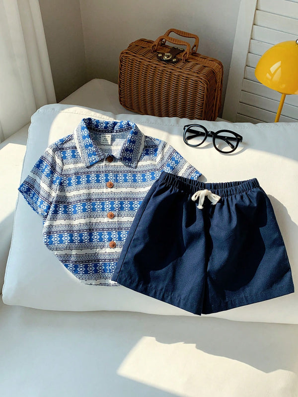 Baby Boys Casual Geometric Pattern Short Sleeve Shirts With Elastic Waist Shorts