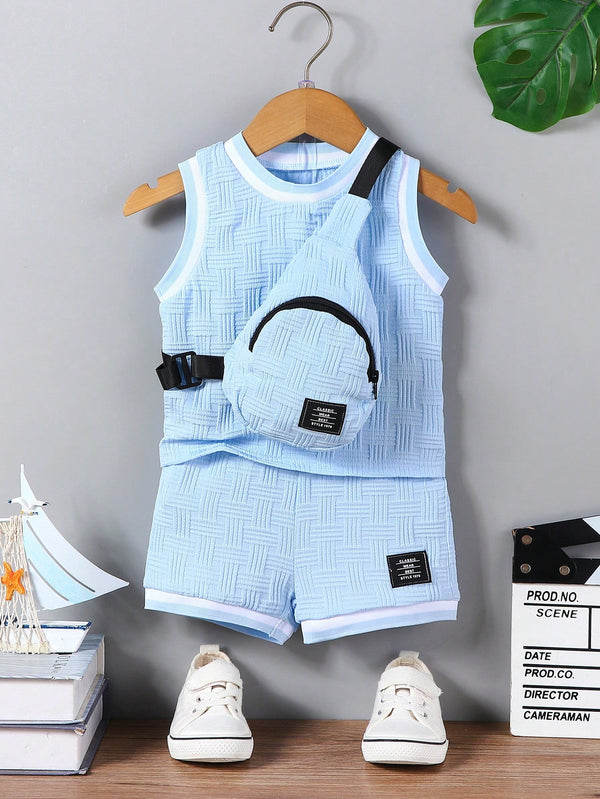 Baby Boy Summer New Ribbed Collar Textured Fabric Solid Color Vest, Shorts And Crossbody Bag