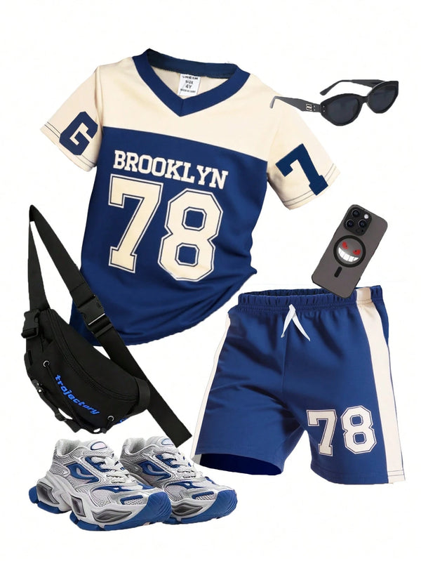 Young Boy Sports Casual V-Neck Short Sleeve T-Shirt And Printed Sports Shorts