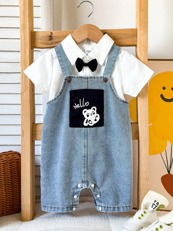 Baby Boy Casual Short Sleeve Gentleman Style Shirt Top And Cute Hello Panda Print Pocket Denim Overalls Pants