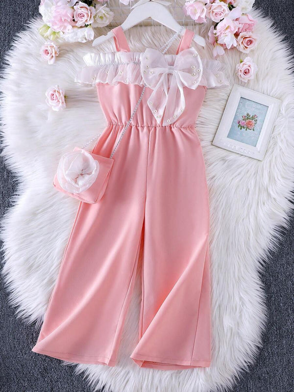Young Girls Off-Shoulder Strap Mesh Pearl Trim Bowknot Jumpsuit With Matching Stylish Crossbody Bag