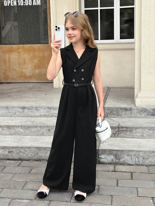 Tween Girls Solid Color Woven Sleeveless Jumpsuit With Revere Collar