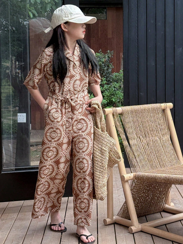 DAZY Tween Girls Allover Printed Belted Short Sleeve Jumpsuit