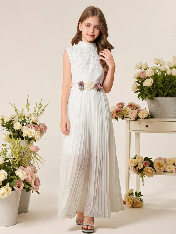 Tween Girl Elegant Lace Leaf Pattern Stand Collar Pleated Jumpsuit