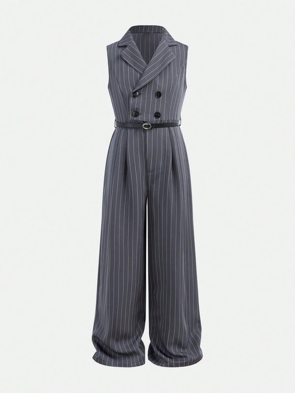 Elegant Retro Fashion Street Chic Lapel Sleeveless Double Breasted Woven Striped Jumpsuit With Belt