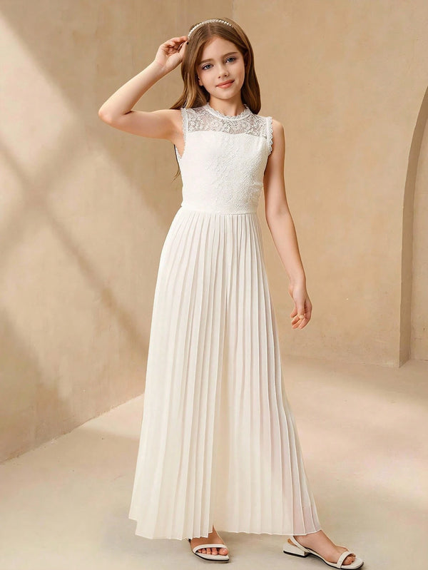 Elegant High Waist Solid Color Sleeveless Round Neck Lace Frill Trim Maxi Romper
